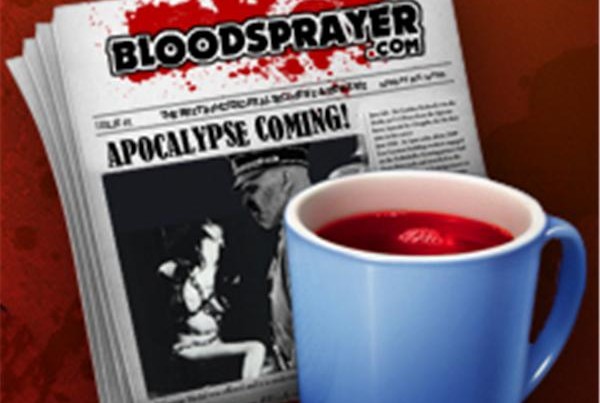 Bloodsprayer logo with newspaper and blood-filled coffee mug